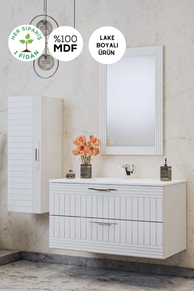 BALNEOM Erguvan Beyaz Gümüş Kulp Demonte 80 Cm Lavabolu Banyo Dolabı Ayna Lavabo Boy Dolabı ürün görseli 1