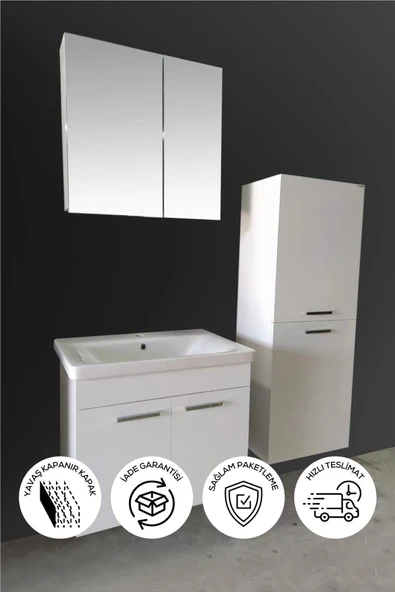 BALNEOM Defne 80 Cm Demonte Banyo Dolabı Aynalı Dolaplı Üst Dolap Lavabo Boy Dolabı ürün görseli 1