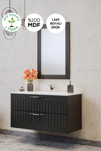 BALNEOM Erguvan Gümüş Kulp Antrasit Demonte 100 Cm Lavabolu Banyo Dolabı^ Ayna ürün görseli 1