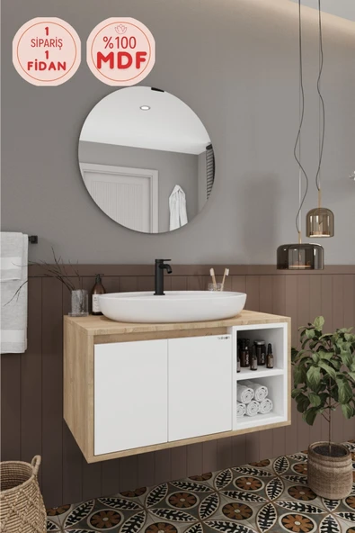 BALNEOM Gül Beyaz 80 Cm %100 Mdf Lavabolu Banyo Dolabı Ayna Lavabo ürün görseli 1