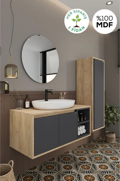 BALNEOM Gül 100 Cm %100 Mdf Lavabolu Banyo Dolabı Ayna Alt Dolap Lavabo Boy Dolabı ürün görseli 1
