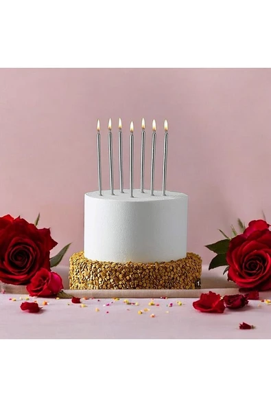 Gümüş Ince Uzun Mum 6 Adet 14 Cm ürün görseli 1
