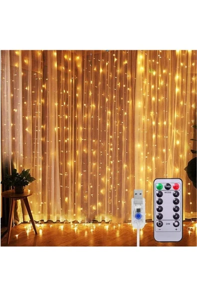 Perde Led 3x3m Askı Aparatlı Kumandalı 8 Fonksıyonlu 300 Ledli 10 Sarkıtlı Usb Girişli ürün görseli 1