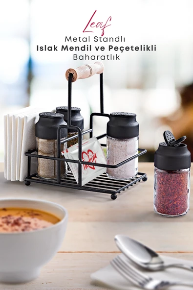 Metal Standlı Peçetelikli Islak Mendil Bölmeli 4'lü Çift Kapaklı Cam Restoran Kafe Baharatlık Seti ürün görseli 1
