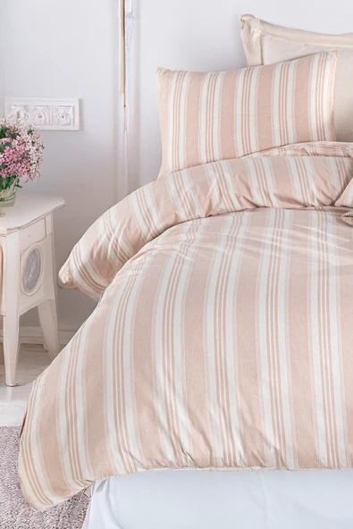 Upstyle Sport Çizgili Nevresim Takımı Tek Kişilik Soft Line Bej ürün görseli 1