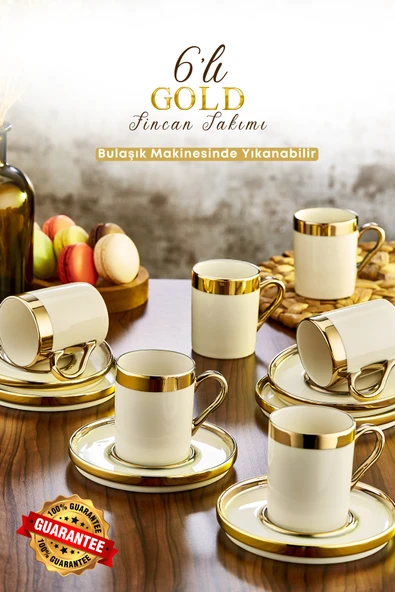 Altın Yaldızlı Gold 6 Kişilik Porselen Fincan Seti 12 Parça Türk Kahvesi Takımı Kahve Fincanı 100 ml ürün görseli 1
