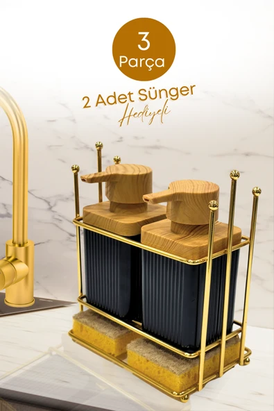 Ahşap Desenli Altın Gold Metal Standlı Bulaşık Deterjanı Sıvı Sabunluk Mutfak Seti-Sünger ürün görseli 1