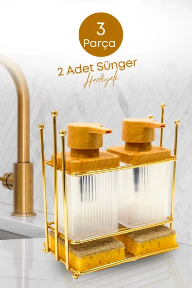 Ahşap Desenli Altın Gold Metal Standlı Bulaşık Deterjanı Sıvı Sabunluk Mutfak Seti-Sünger ürün görseli 1