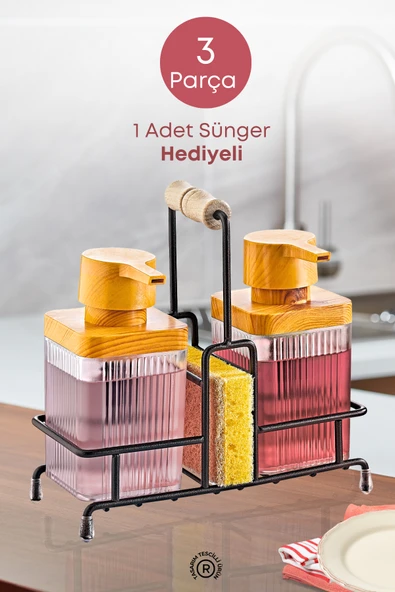 Metal Standlı Şeffaf Ahşap Detaylı Çamaşır Suyu ve Sıvı Sabunluk Banyo Seti-Sünger Hediyeli ürün görseli 1