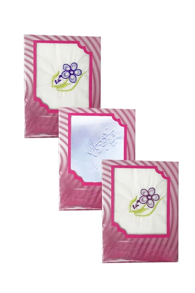 3’lü Özel Paket Premium Kadın İşlemeli Mendil Seti  %100 Pamuk 28x28 Cm ürün görseli 1