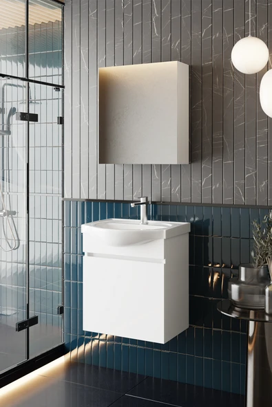 Karen Banyo Fulya 50 Cm Mdf Lavabolu Aynalı Banyo Dolabı Seti Seramik Lavabo Dahil Beyaz Mdf ürün görseli 1
