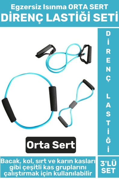 Premium Seri Fitness Aerobik Pilates Egzersiz Isınma Kadın Erkek ORTA SERT 3'lü DİRENÇ LASTİĞİ SETİ ürün görseli 1