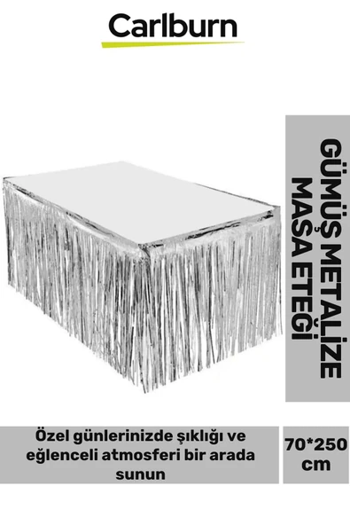 Özel Üretim Püsküllü Işıltılı Doğum Günü Cinsiyet Parti Eğlence 70*250 cm Metalize Masa Eteği Gümüş ürün görseli 1