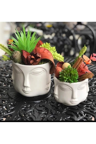 2 Li Havelka Buddha Suratlı Beyaz Boyalı Dekoratif Saksı Vazo Set ürün görseli 1