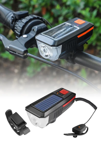 Güneş Enerjili Bisiklet Farı USB Şarjlı Kornalı LED Scooter Feneri Su Geçirmez ürün görseli 1