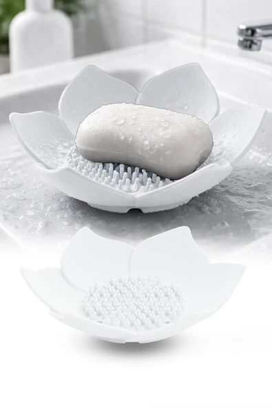 Beyaz Lotus Desenli Silikon Sabunluk Su Giderli Katı Sabunluk Banyo Lavabo Sabun Tutucu ürün görseli 1