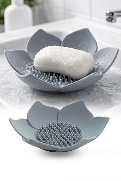 Gri Lotus Desenli Silikon Sabunluk Su Giderli Katı Sabun ve Sünger Organizer Banyo Mutfak ürün görseli 1