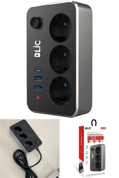 2 Metre Siyah Uzatma Kablosu Akım ve Çocuk Korumalı 3 Priz 2 USB 1 Type-C Girişli Grup Priz ürün görseli 1