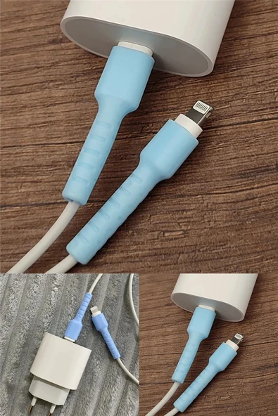 Mavi iPhone Uyumlu Kablo Ucu Koruyucu Silikon Şarj Kablosu Kırılma Önleyici Mavi Koruma Seti ürün görseli 1