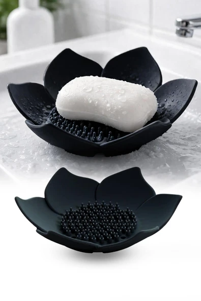Siyah Lotus Desenli Silikon Sabunluk Su Giderli Katı Sabun ve Sünger Organizer Banyo Mutfak ürün görseli 1