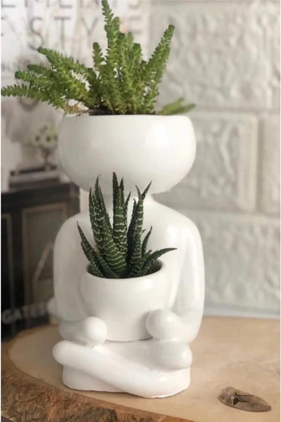 Beyaz Yoga Figürlü Saksı 15 cm Dekoratif Meditasyon Temalı Sukulent Saksısı Bitki Kabı ürün görseli 1