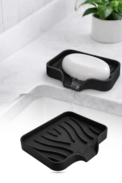 Siyah Silikon Sabunluk Vantuzlu Su Giderli Kaymaz Sabun Kabı Banyo Mutfak Lavabo Organizer ürün görseli 1