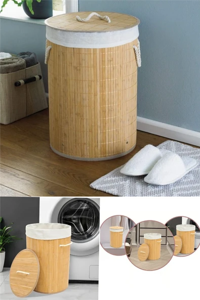 Dekoratif Doğal Oval Banyo Bambu Kirli Çamaşır Sepeti ürün görseli 1