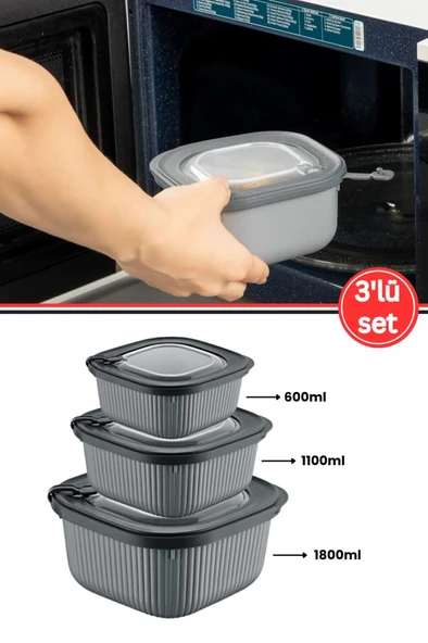 Flora Mikrodalga Saklama Kabı 3’lü Set, Buzluk Buzdolabı Mikrodalga Uygun Kapaklı Set (600-1100-1800ml) ürün görseli 1