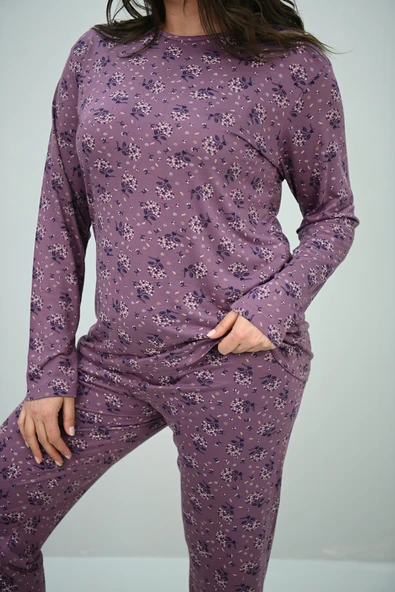 Kadın Büyük Beden Çiçek Desenli Uzun Kollu Pijama Takımı 4235-25 ürün görseli 1