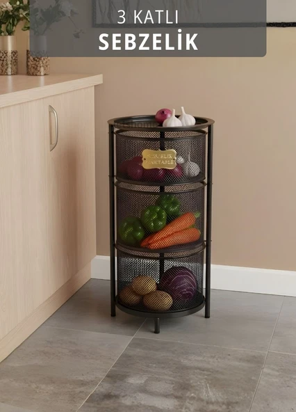 3 Katlı Sebzelik Açılır Metal Patates Soğan Sepeti Paslanmaz Meyvelik Organizer Sepet Siyah ürün görseli 1