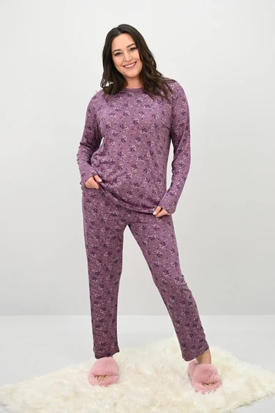 Kadın Büyük Beden Çiçek Desenli Uzun Kollu Pijama Takımı 4235-25 ürün görseli 1