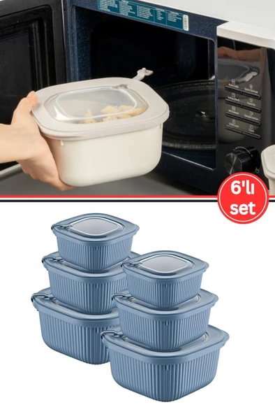 Flora Mikrodalga Saklama Kabı 6’lı Set, Buzluk Mikrodalga Uygun Kapaklı Özel Set 2x(600-1100-1800ml) Mavi ürün görseli 1