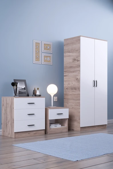 ABETE MOBİLYA 2 Kapılı Geniş Gardırop Komodin 3 Çekmeceli Şifonyer Takım / Atlantik Çam-Beyaz ürün görseli 1