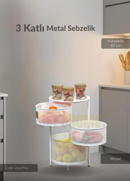 3 Katlı Sebzelik Açılır Metal Patates Soğan Sepeti Paslanmaz Meyvelik Organizer Sepet Beyaz ürün görseli 1