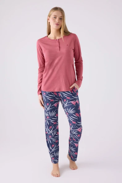Pierre Cardin Paris 8903 Kadın Çiçek Desen Yaka Düğmeli Uzun Kol Pijama Takım ürün görseli 1