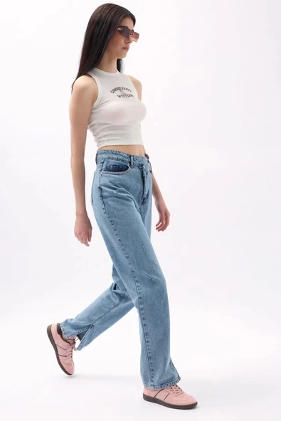 Asimetrik Bel Paça Yırtmaçlı Jean - Resim 2