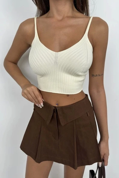 V Yaka Crop Bluz - Resim 3