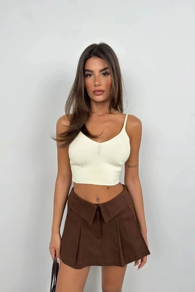 V Yaka Crop Bluz - Resim 2