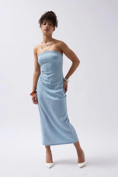 Straplez Denim Elbise - Resim 3