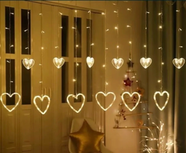 brokoli home  Led Perde Dekoratif Fişli Kalpli Saçaklı 6 Adet büyük 6 adet küçük Kalp ürün görseli 1