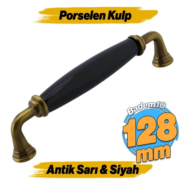 Kapıdağı Porselen Antik Sarı Siyah Kulp 128 mm Mobilya Çekmece Mutfak Dolabı Dolap Kapak Kulb Kulpu ürün görseli 1