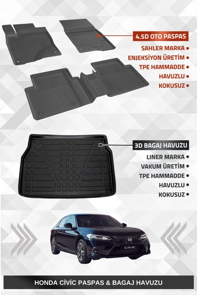 Sahler Honda Civic 2021+ Uyumlu 4.5D Premium Havuzlu Oto Paspas ve Liner Marka 3D Bagaj Havuzu - Civic FE1 ürün görseli 1