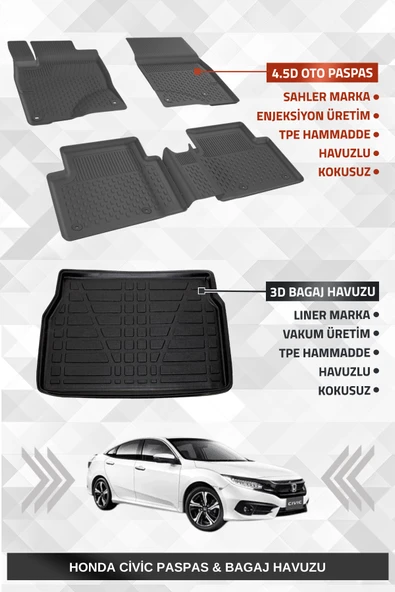 Sahler Honda Civic 2016-2021 Uyumlu 4.5d Premium Havuzlu Oto Paspas ve Liner Marka 3D Bagaj Havuzu - Civic fc5 ürün görseli 1
