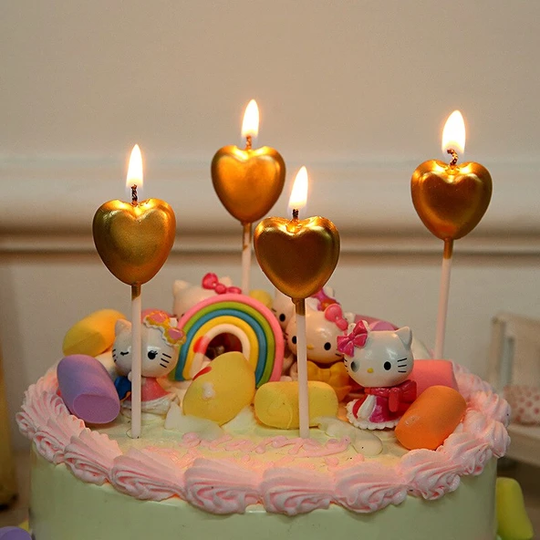 4 ADET GOLD KALPLİ PASTA MUMU KALPLİ DOĞUM GÜNÜ PASTA MUMU GOLD PASTA MUMU KALPLİ MUM GOLD CANDLE ürün görseli 1