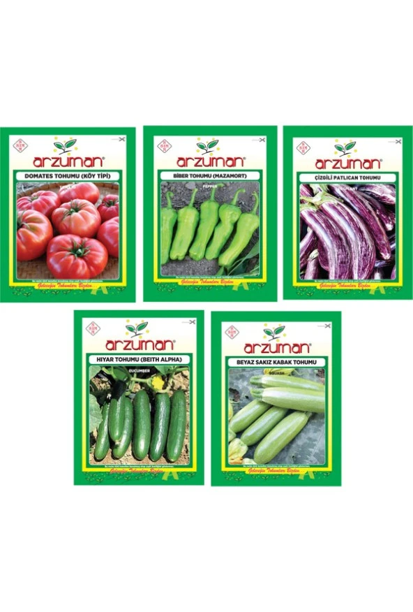 KÖY TİPİ DOMATES-MAZAMORT BİBER-ÇİZGİLİ PATLICAN-BEİTH ALPHA SALATALIK-BEYAZ DOLMA KABAK 5'Lİ SET ürün görseli 1