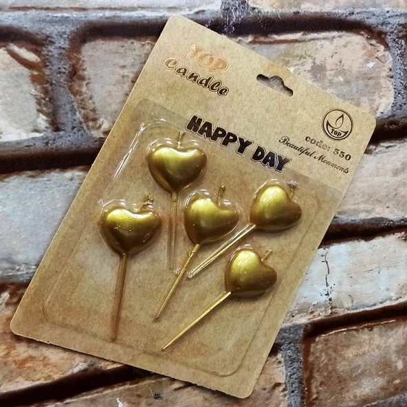 VIP GOLD HEART HAPPY BIRTHDAY CANDLE 5 ADET METALİK GOLD KALPLİ PASTA MUMU KALPLİ DOĞUM GÜNÜ MUMU ürün görseli 1