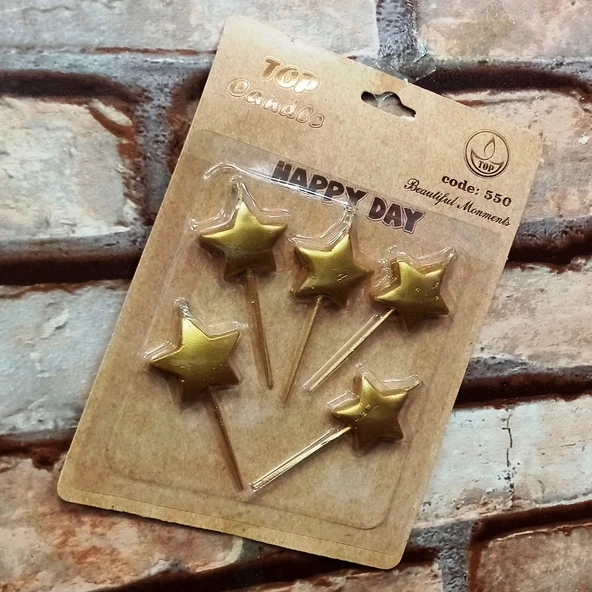 VIP GOLD STAR HAPPY BIRTHDAY CANDLE 5 ADET METALİK GOLD YILDIZLI PASTA MUMU YILDIZ DOĞUM GÜNÜ MUMU ürün görseli 1