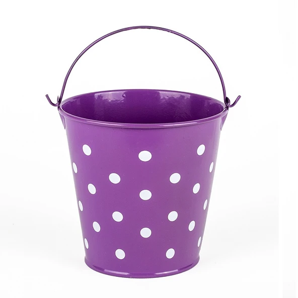 DECORATIVE PAİL DEKORATİF SAPLI METAL KOVA MOR KOVA MOR PUANTİYELİ KOVA KALEMLİK SAKSI MAKYAJ KOVASI ürün görseli 1
