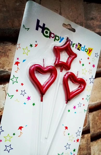 RED HEART CANDLE 2 ADET METALİK KIRMIZI KALPLİ PASTA MUMU 1 ADET YILDIZ MUM KALPLİ DOĞUM GÜNÜ MUMU ürün görseli 1
