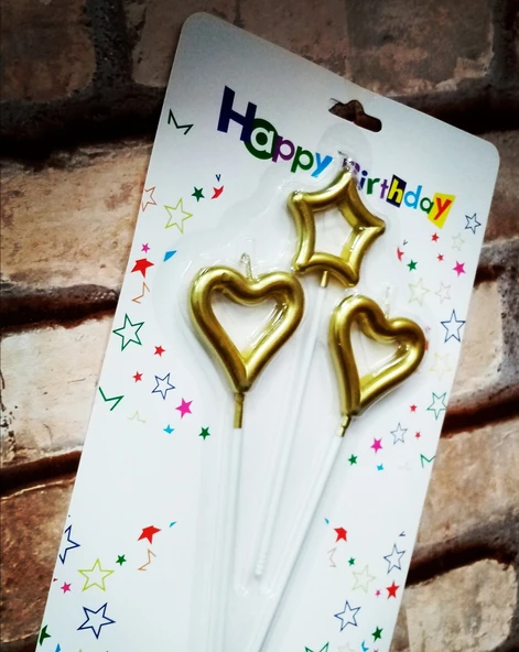 VIP GOLD HEART CANDLE 2 ADET METALİK GOLD KALPLİ PASTA MUMU 1 ADET YILDIZ MUM KALPLİ DOĞUM GÜNÜ MUMU ürün görseli 1